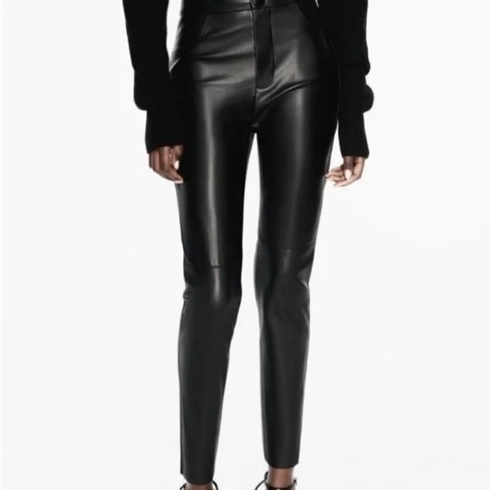 Zara Women's Skinny Black Faux Leather Pants with Ankle Zippers Medium - Picture 2 of 8
